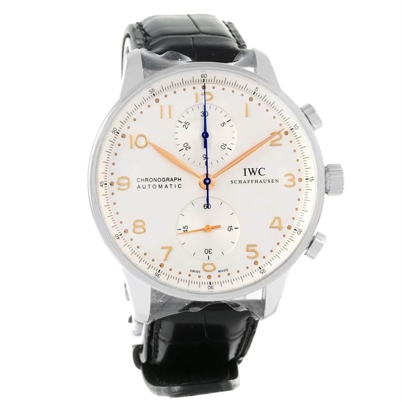 The image shows a frontal view of an IWC Portuguese IW371445 Men's Stainless Steel Silver Dial IW371445 Men's Stainless Steel Silver Dial Chronograph Automatic watch, displaying its face, dial, and leather strap.