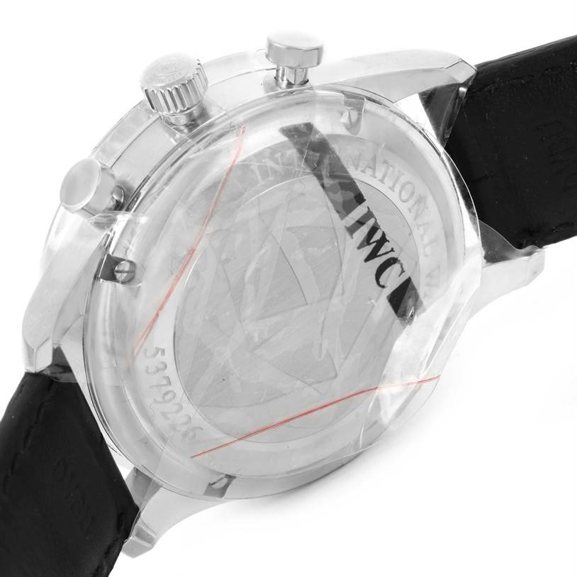 The image shows the back case of an IWC Portuguese IW371445 Men's Stainless Steel Silver Dial IW371445 Men's Stainless Steel Silver Dial model watch, with its crown and pushers visible from a side angle.