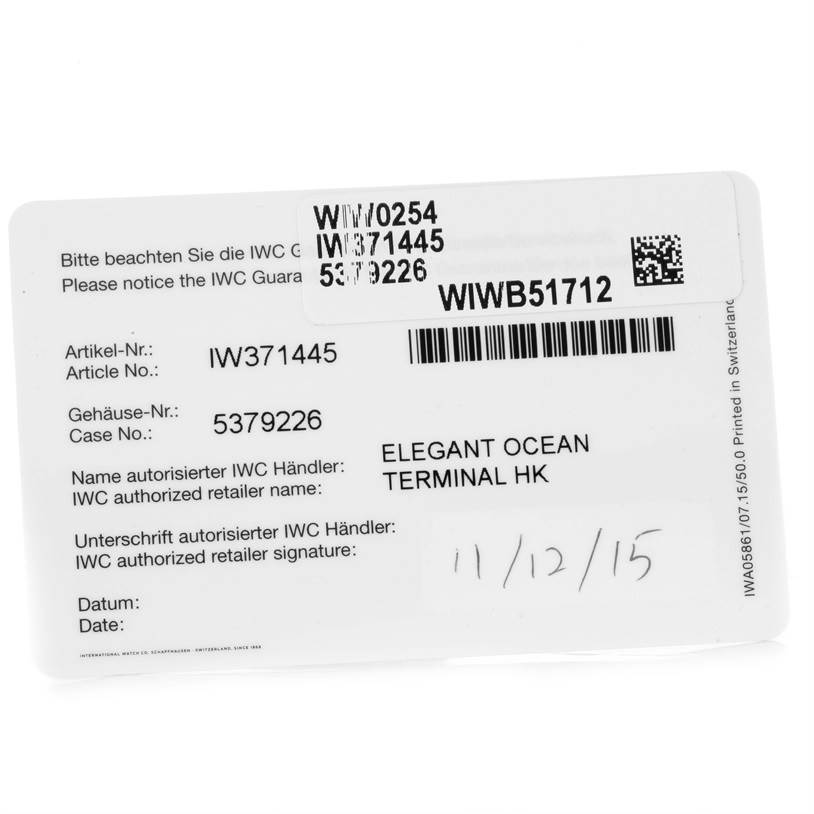 This image shows a warranty card for the Portuguese model by IWC, detailing article and case numbers, retailer information, and a purchase date.