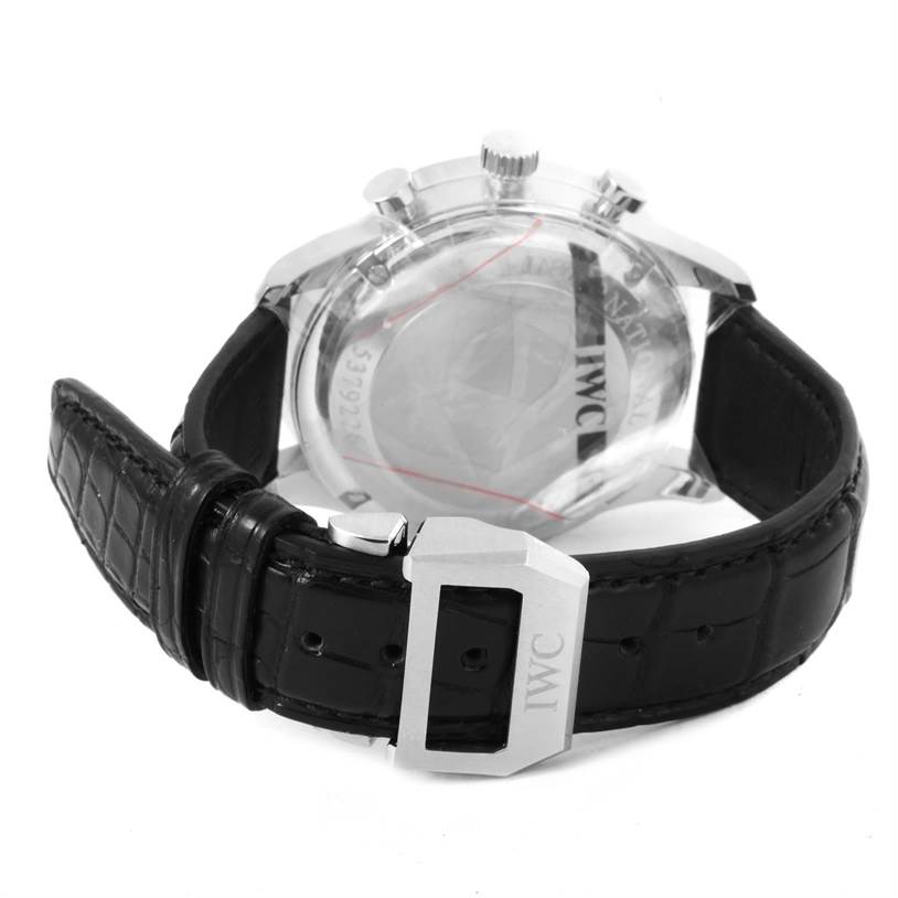 The image shows the rear view of an IWC Portuguese IW371445 Men's Stainless Steel Silver Dial IW371445 Men's Stainless Steel Silver Dial watch, highlighting the clasp and strap.