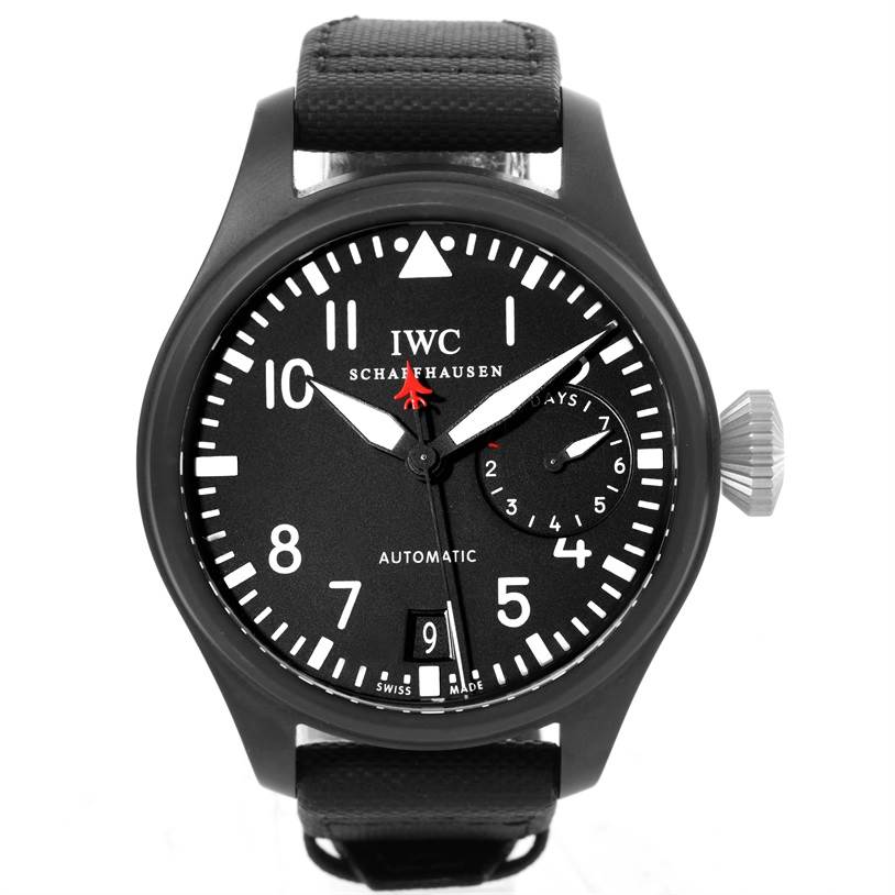 The image shows a front view of the IWC Pilot IW501901 Men's Titanium Black Dial IW501901 Men's Titanium Black Dial model watch, highlighting its black dial, date window, and power reserve indicator.