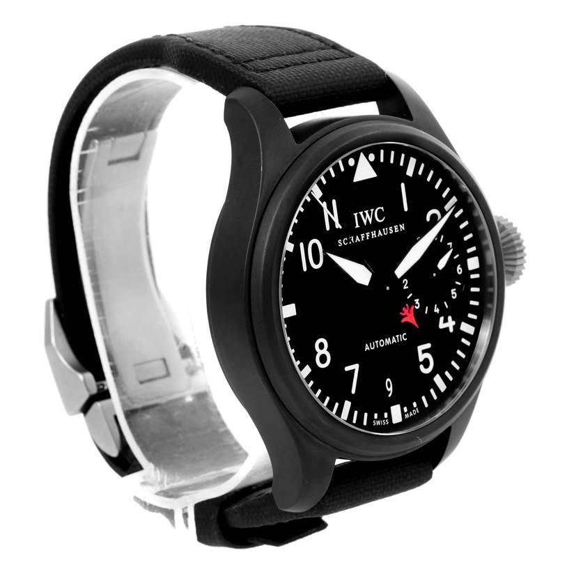 The IWC Pilot IW501901 Men's Titanium Black Dial IW501901 Men's Titanium Black Dial model watch is shown at a three-quarter angle, displaying the watch face, bezel, crown, and strap.