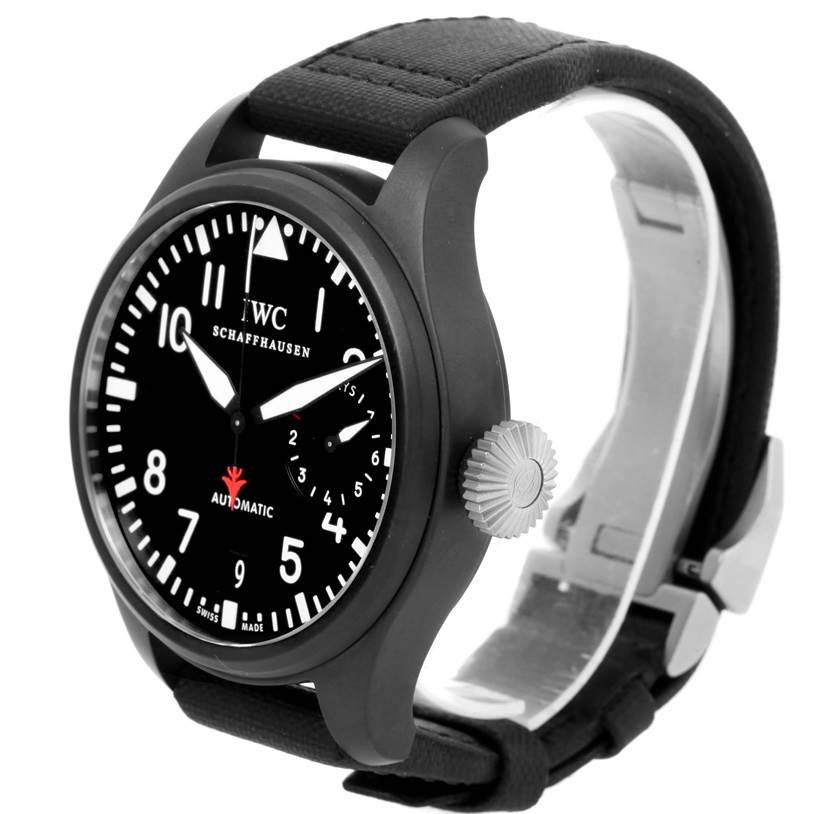 This IWC Pilot IW501901 Men's Titanium Black Dial IW501901 Men's Titanium Black Dial watch is shown from a front-side angle, displaying the face, bezel, curvaceous lugs, crown, and strap.