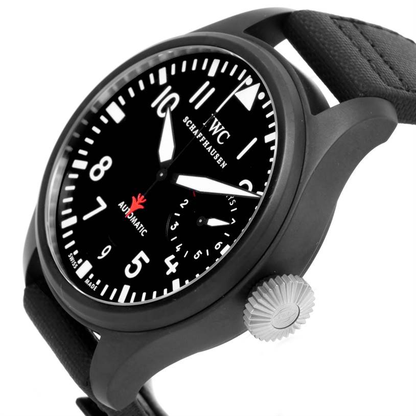 The image shows the IWC Pilot IW501901 Men's Titanium Black Dial IW501901 Men's Titanium Black Dial watch at a three-quarter angle, highlighting the dial, crown, and part of the strap.