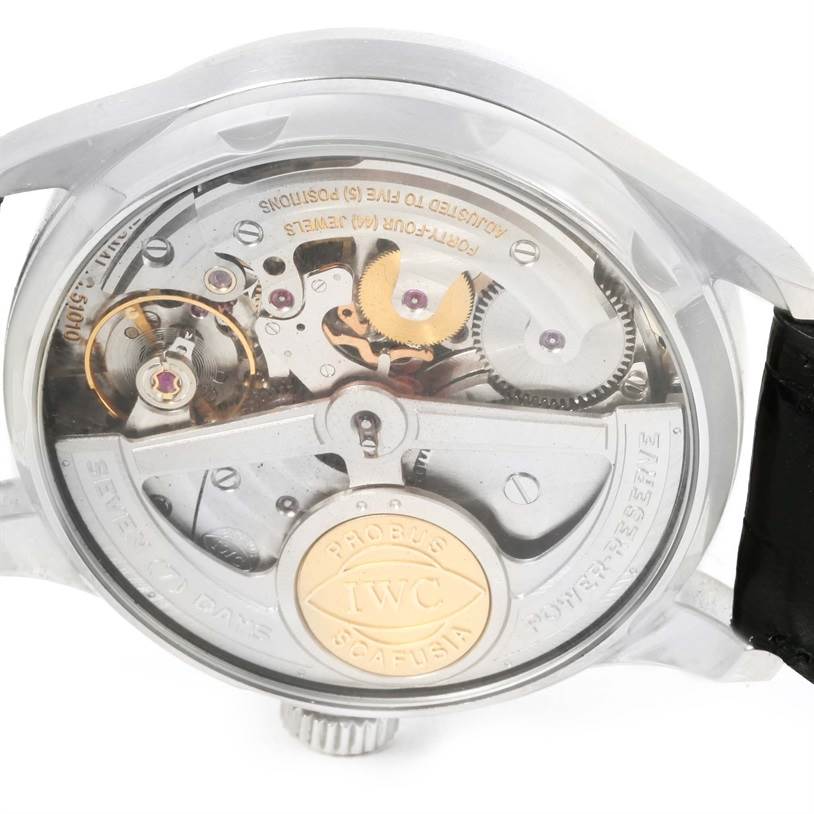 The image shows the back view of an IWC Portuguese IW500109 Men's Stainless Steel Black Dial IW500109 Men's Stainless Steel Black Dial watch, highlighting its internal mechanical components.
