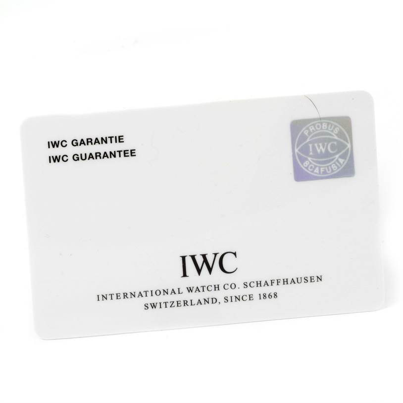 The image shows the guarantee card for an IWC Portuguese IW500109 Men's Stainless Steel Black Dial IW500109 Men's Stainless Steel Black Dial model, displaying the brand name and essential information.