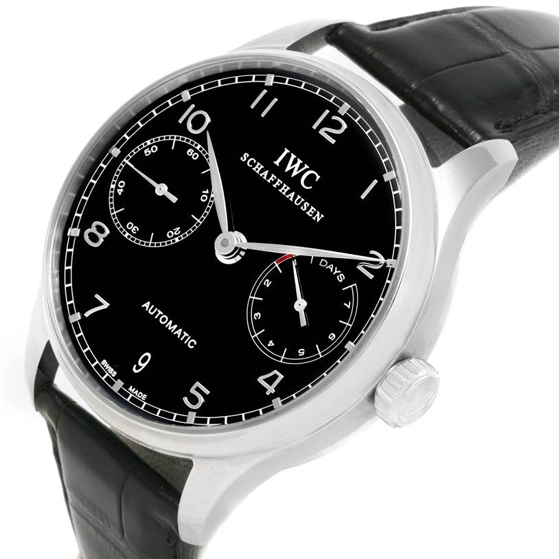 The image shows the front and side of an IWC Portuguese IW500109 Men's Stainless Steel Black Dial IW500109 Men's Stainless Steel Black Dial model watch, highlighting its black dial, silver case, and leather strap.