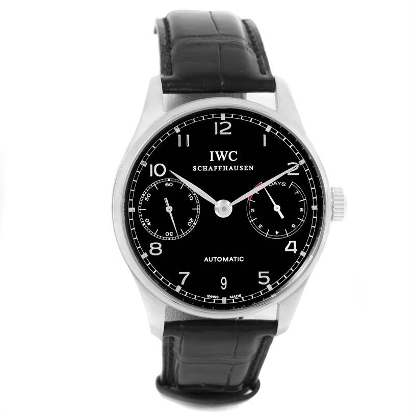 This image shows a frontal view of the IWC Portuguese IW500109 Men's Stainless Steel Black Dial IW500109 Men's Stainless Steel Black Dial model watch, featuring a black dial and a black leather strap.
