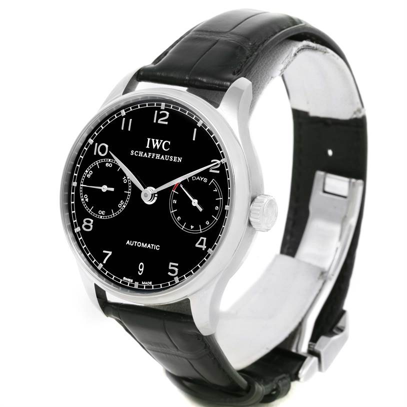 The image shows an IWC Portuguese IW500109 Men's Stainless Steel Black Dial IW500109 Men's Stainless Steel Black Dial watch at an angled front view highlighting its dial, hands, crown, and black leather strap.