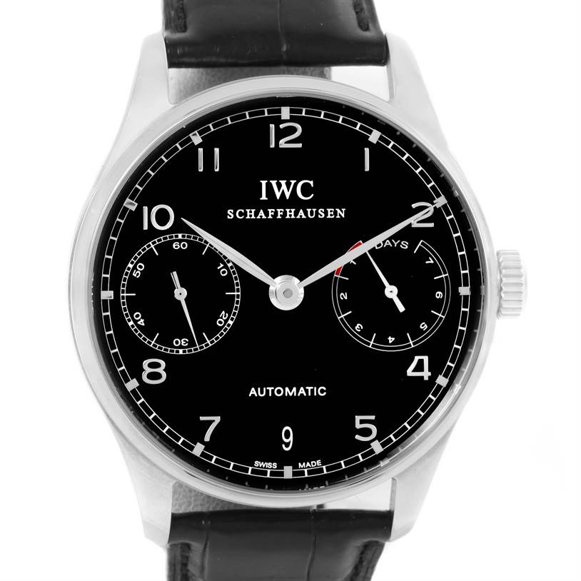 This IWC Portuguese IW500109 Men's Stainless Steel Black Dial IW500109 Men's Stainless Steel Black Dial model watch is shown from a front angle, displaying its black dial, sub-dials, and leather strap.