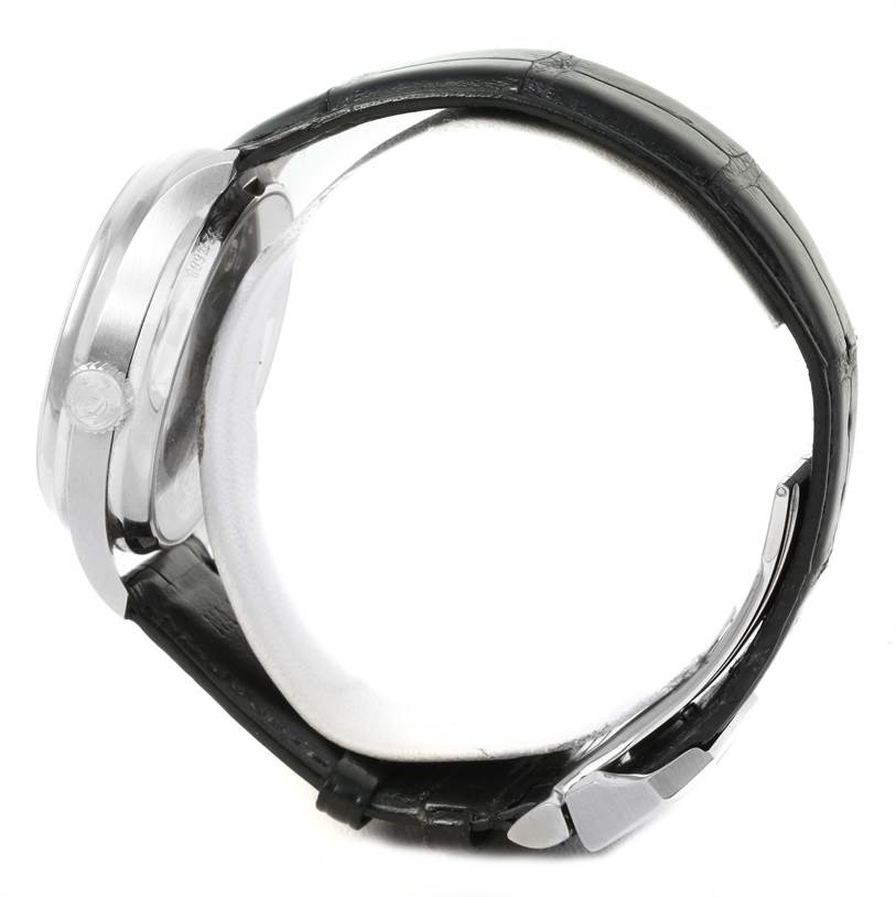 The image shows a side profile of the IWC Portuguese IW500109 Men's Stainless Steel Black Dial IW500109 Men's Stainless Steel Black Dial watch, featuring its case, crown, and black leather strap.