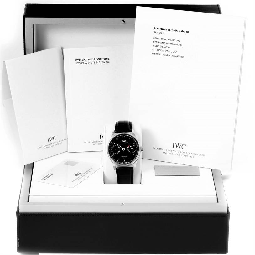The image shows an IWC Portuguese IW500109 Men's Stainless Steel Black Dial IW500109 Men's Stainless Steel Black Dial model watch in its box, along with manuals and warranty/service booklets.