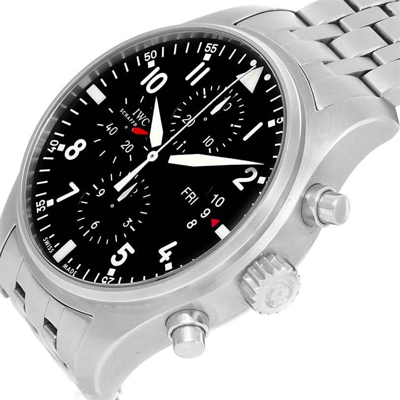 This is an angled view of the IWC Pilot IW377704 Men's Stainless Steel Black Dial IW377704 Men's Stainless Steel Black Dial watch, showing the dial, crown, pushers, and part of the metal bracelet.