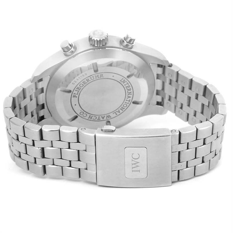 The image shows the back and band of an IWC Pilot IW377704 Men's Stainless Steel Black Dial IW377704 Men's Stainless Steel Black Dial model watch, highlighting the clasp, case back, and crown.