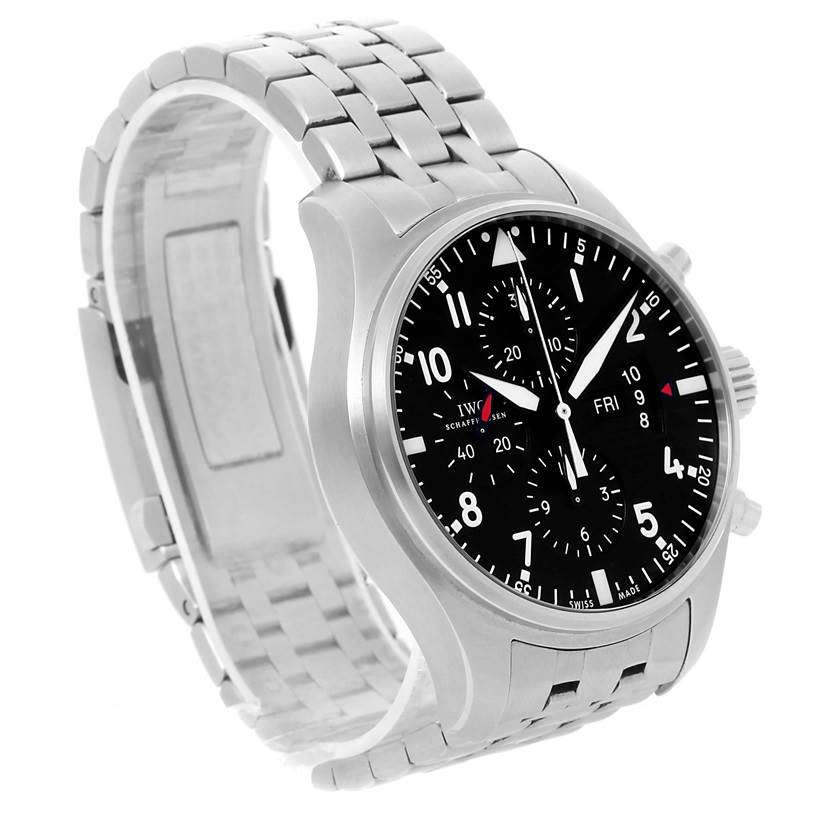 The IWC Pilot IW377704 Men's Stainless Steel Black Dial IW377704 Men's Stainless Steel Black Dial watch is shown from an angled perspective, highlighting its black dial, stainless steel case, and metal bracelet.