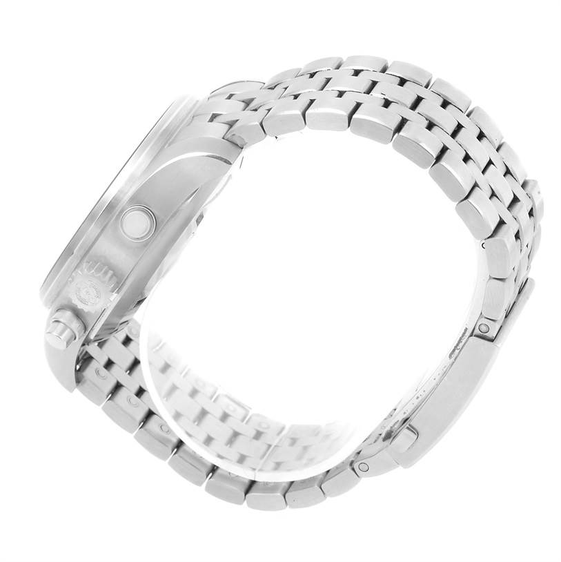 The image shows a side view of the IWC Pilot IW377704 Men's Stainless Steel Black Dial IW377704 Men's Stainless Steel Black Dial model watch highlighting the crown and metal bracelet.