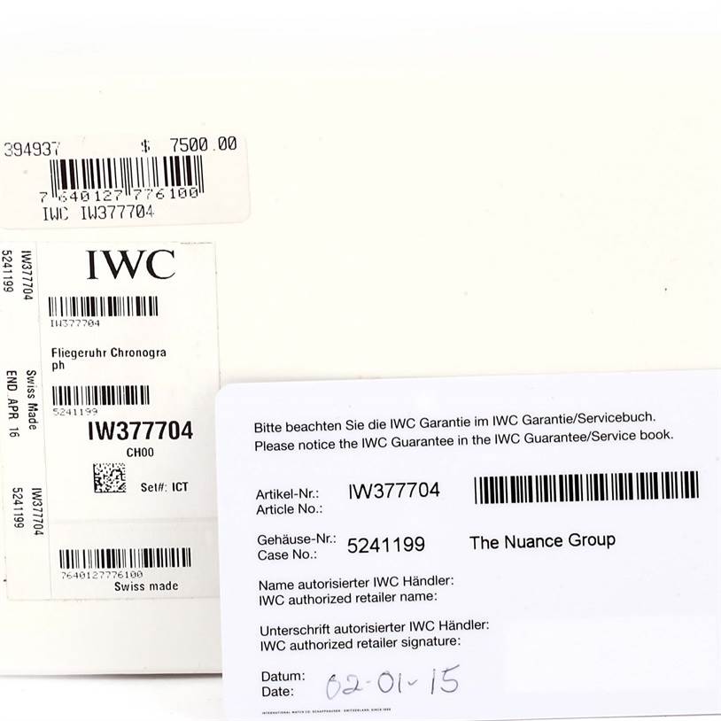 This image shows documentation and labels for an IWC Pilot IW377704 Men's Stainless Steel Black Dial IW377704 Men's Stainless Steel Black Dial model watch, specifically the Fliegeruhr Chronogra with article number IW377704.