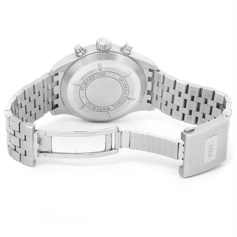 The image shows the back and open bracelet clasp of an IWC Pilot IW377704 Men's Stainless Steel Black Dial IW377704 Men's Stainless Steel Black Dial model watch.