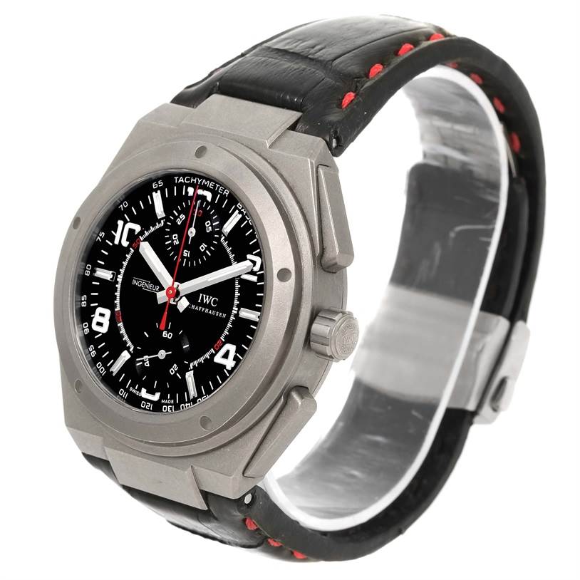 The IWC Ingenieur IW372504 Men
s Titanium Black Dial IW372504 Men
s Titanium Black Dial watch is shown at a three-quarter angle, highlighting the watch face and leather strap.