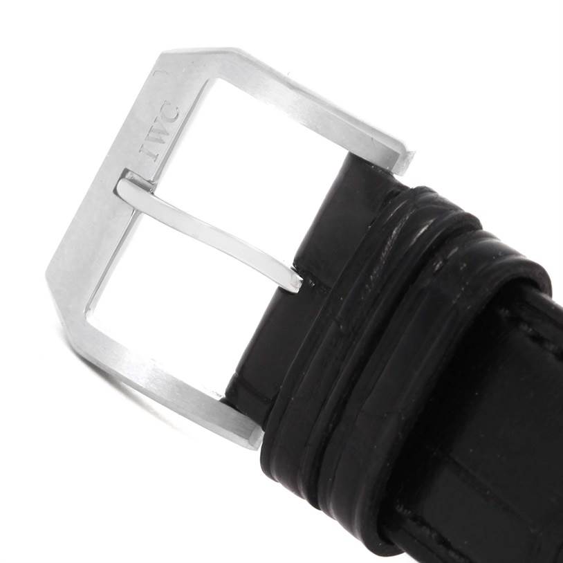 The image shows a close-up of the buckle and leather strap of an IWC Portuguese IW545405 Men's Stainless Steel Silver Dial IW545405 Men's Stainless Steel Silver Dial watch.