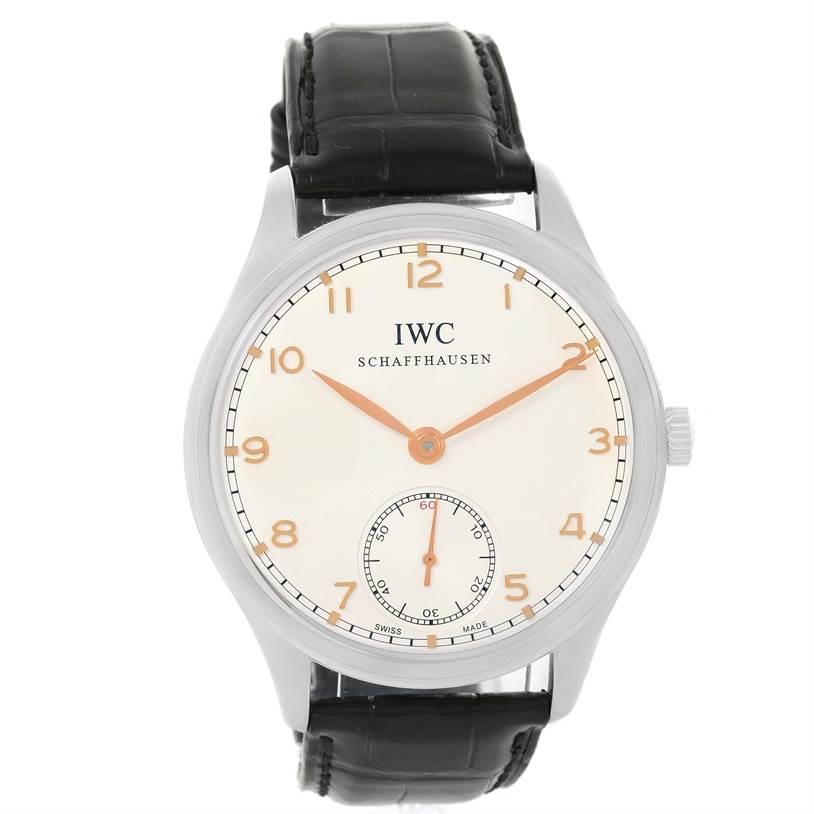 The image shows a front view of the IWC Portuguese IW545405 Men's Stainless Steel Silver Dial IW545405 Men's Stainless Steel Silver Dial watch, highlighting its dial, hands, indices, and leather strap.