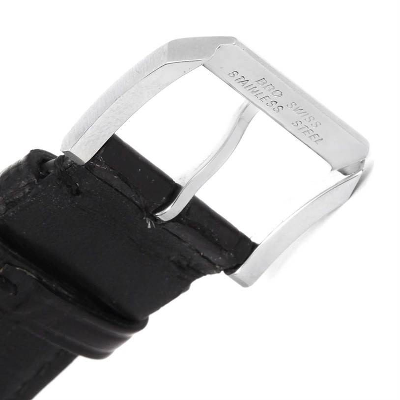 The image shows a close-up of the stainless steel buckle and black leather strap of the IWC Portuguese IW545405 Men's Stainless Steel Silver Dial IW545405 Men's Stainless Steel Silver Dial model watch.