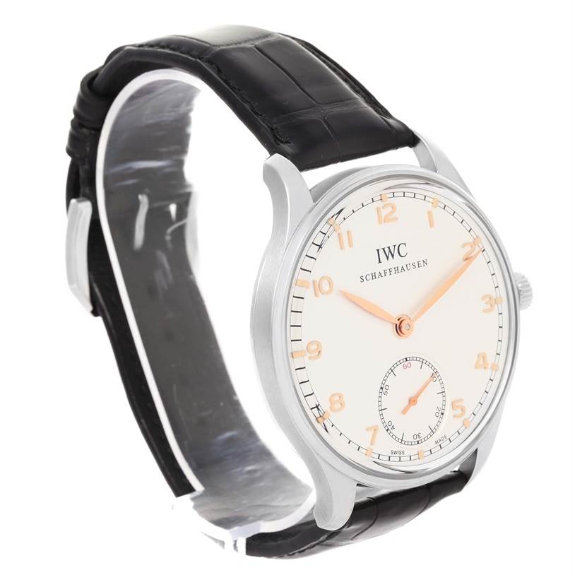 This image shows an IWC Portuguese IW545405 Men's Stainless Steel Silver Dial IW545405 Men's Stainless Steel Silver Dial watch, viewed from an angle highlighting its face, leather strap, and case.