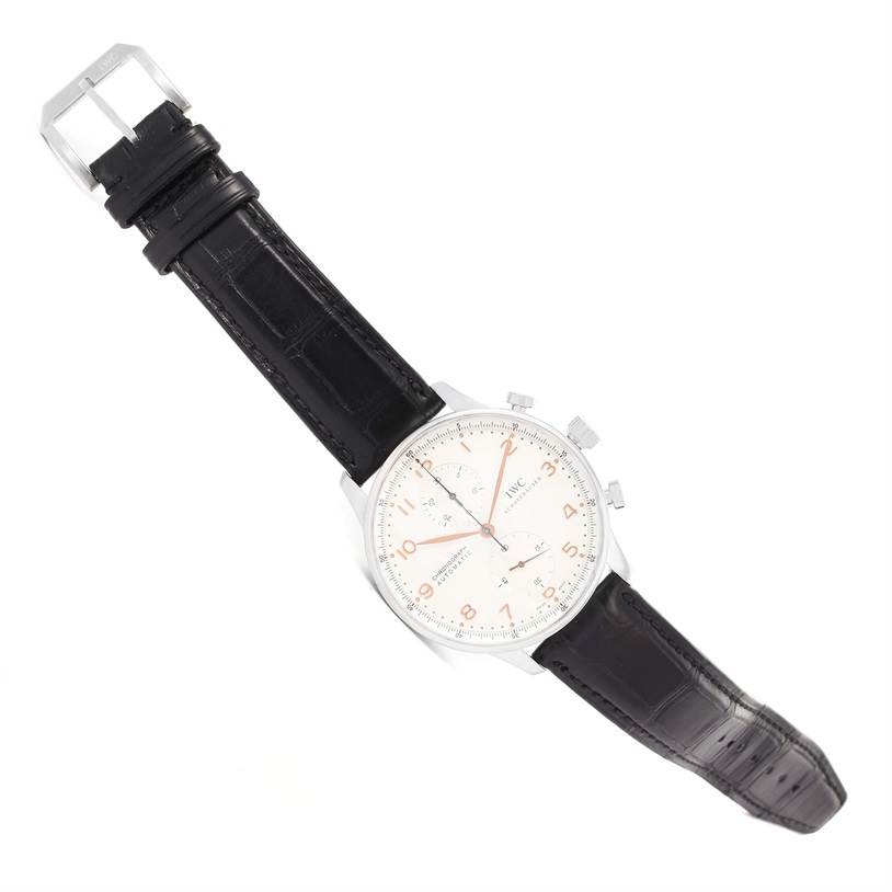 This image shows an IWC Portuguese IW371401 Men's Stainless Steel Silver Dial IW371401 Men's Stainless Steel Silver Dial model watch at a slightly tilted angle, clearly displaying the dial, watch case, and leather strap.