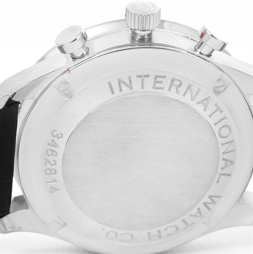 This image shows the back case and crown of the IWC Portuguese IW371401 Men's Stainless Steel Silver Dial IW371401 Men's Stainless Steel Silver Dial model watch, displaying "INTERNATIONAL WATCH CO."