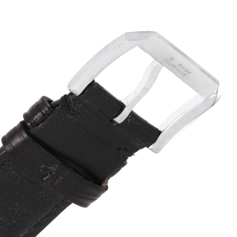 The image shows a close-up of the buckle and part of the black leather strap of an IWC Portuguese IW371401 Men's Stainless Steel Silver Dial IW371401 Men's Stainless Steel Silver Dial watch.