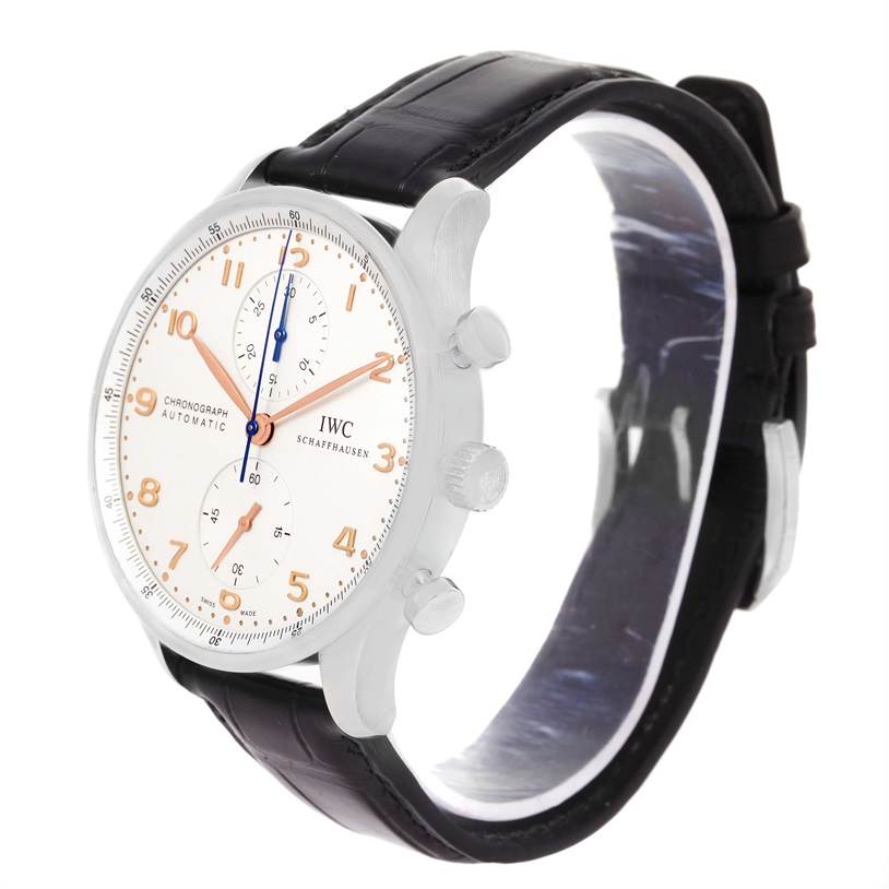 The IWC Portuguese IW371401 Men's Stainless Steel Silver Dial IW371401 Men's Stainless Steel Silver Dial watch is shown at a three-quarter angle, displaying its face, crown, case, push-buttons, and black leather strap.