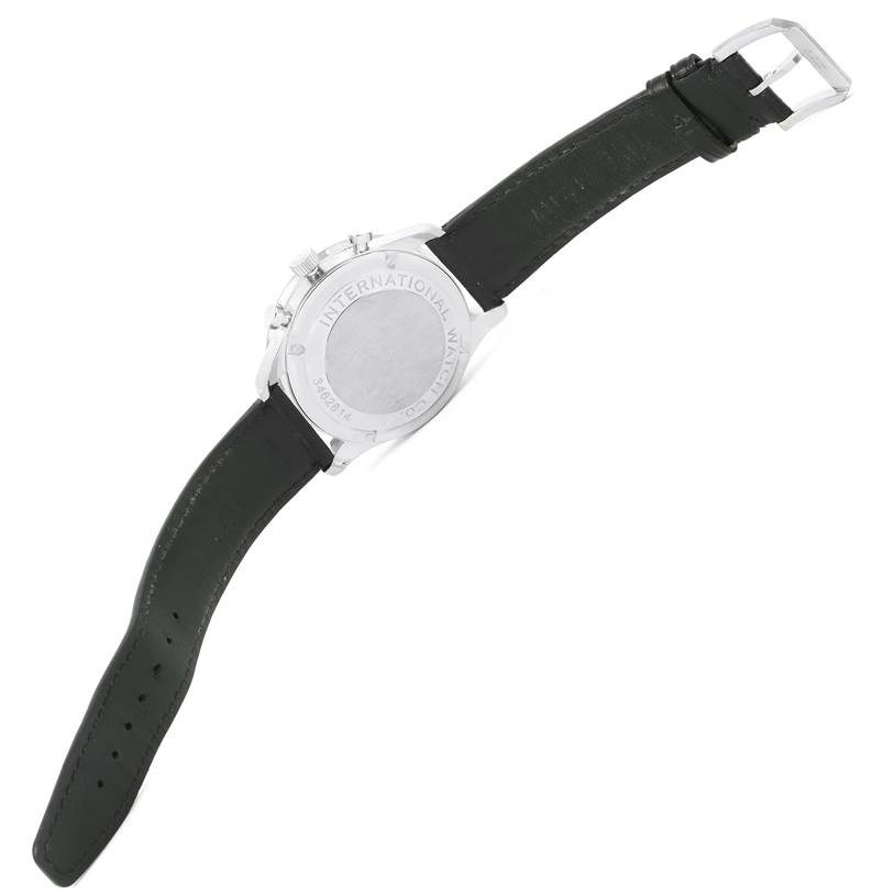 The image shows the back view of an IWC Portuguese IW371401 Men's Stainless Steel Silver Dial IW371401 Men's Stainless Steel Silver Dial watch, highlighting its strap and case back.