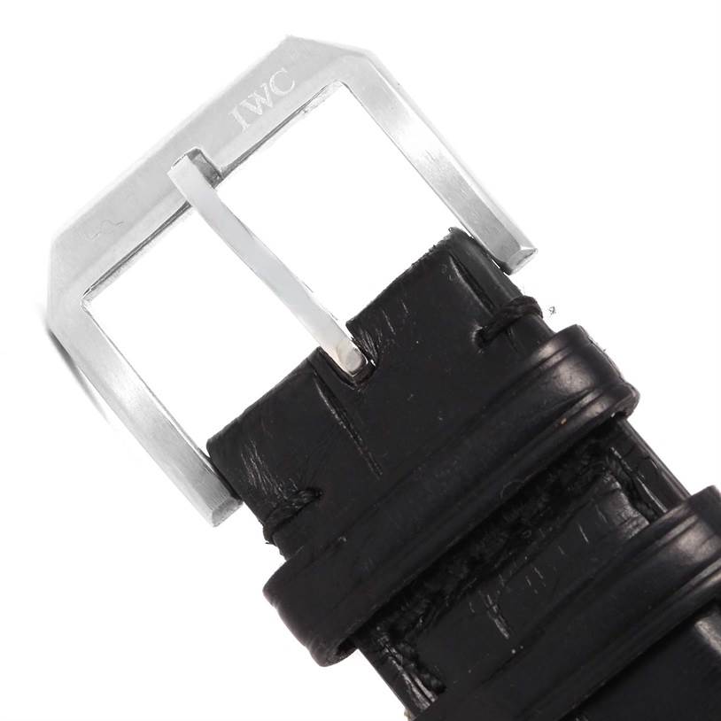 The image shows an IWC Portuguese IW371401 Men's Stainless Steel Silver Dial IW371401 Men's Stainless Steel Silver Dial model watch buckle and part of its black leather strap.