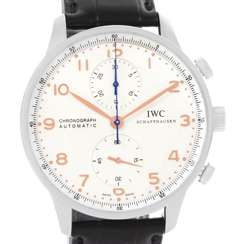 The image shows the front view of an IWC Portuguese IW371401 Men's Stainless Steel Silver Dial IW371401 Men's Stainless Steel Silver Dial Chronograph Automatic watch, highlighting its dial, markers, hands, and pushers.