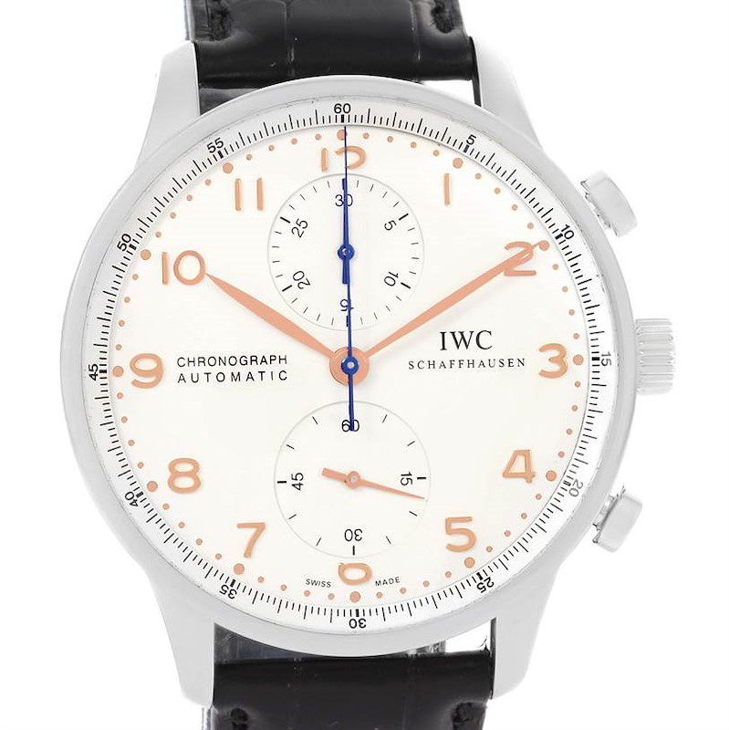 The image shows the front view of an IWC Portuguese Chronograph Automatic watch, highlighting its dial, markers, hands, and pushers.