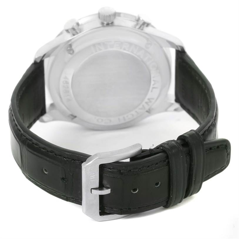 This image shows the back case and leather strap of the IWC Portuguese IW371401 Men's Stainless Steel Silver Dial IW371401 Men's Stainless Steel Silver Dial model watch, captured from a rear angle.