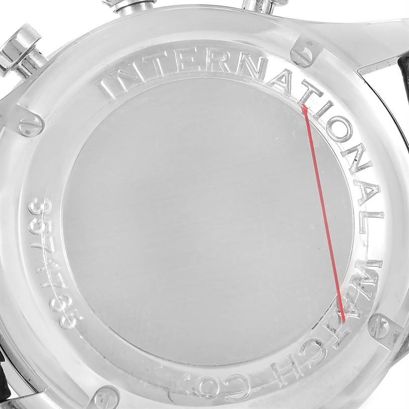 This image shows the case back and partial crown of an IWC Portuguese IW371447 Men's Stainless Steel Black Dial IW371447 Men's Stainless Steel Black Dial model watch from a rear angle.