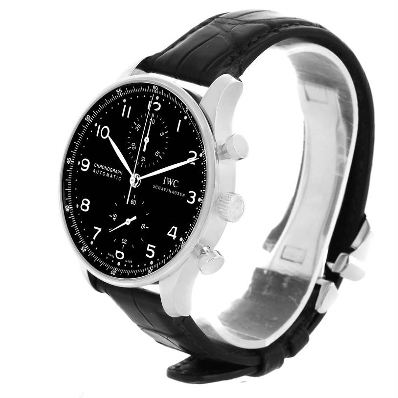 The IWC Portuguese IW371447 Men's Stainless Steel Black Dial IW371447 Men's Stainless Steel Black Dial model watch is shown at a front angle, highlighting its face, black leather strap, and side buttons.