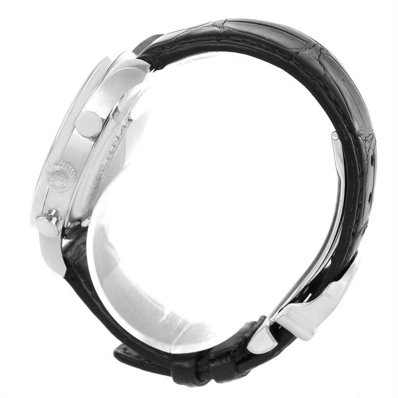 This image shows the side view of an IWC Portuguese IW371447 Men's Stainless Steel Black Dial IW371447 Men's Stainless Steel Black Dial watch, highlighting the case, crown, and black leather strap.