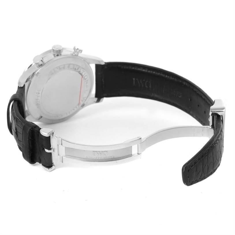 This image shows the back case, clasp, and leather strap of the IWC Portuguese IW371447 Men's Stainless Steel Black Dial IW371447 Men's Stainless Steel Black Dial model watch.