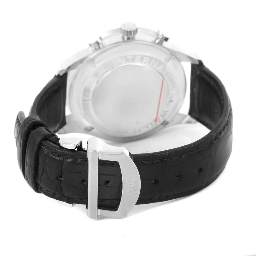 The image shows the back and buckle of an IWC Portuguese IW371447 Men's Stainless Steel Black Dial IW371447 Men's Stainless Steel Black Dial model watch, highlighting the strap and clasp.
