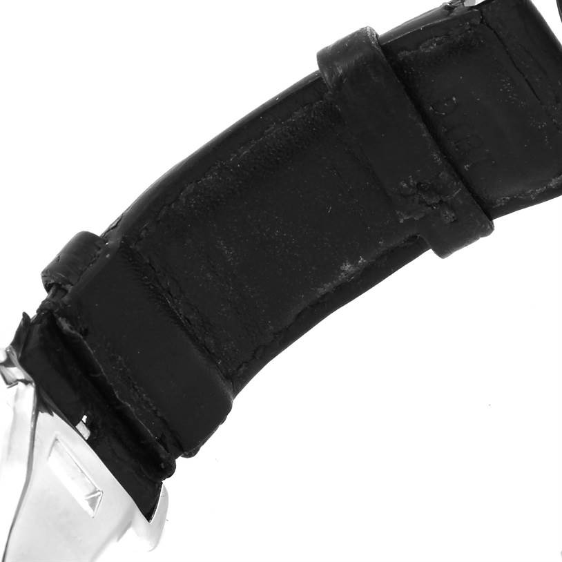 The image shows a close-up of the black leather strap and clasp of an IWC Portuguese IW371447 Men's Stainless Steel Black Dial IW371447 Men's Stainless Steel Black Dial model watch.
