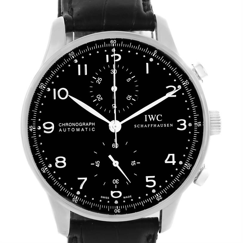 The image shows a front view of an IWC Portuguese IW371447 Men's Stainless Steel Black Dial IW371447 Men's Stainless Steel Black Dial model watch, highlighting the dial, hands, subdials, and crown.