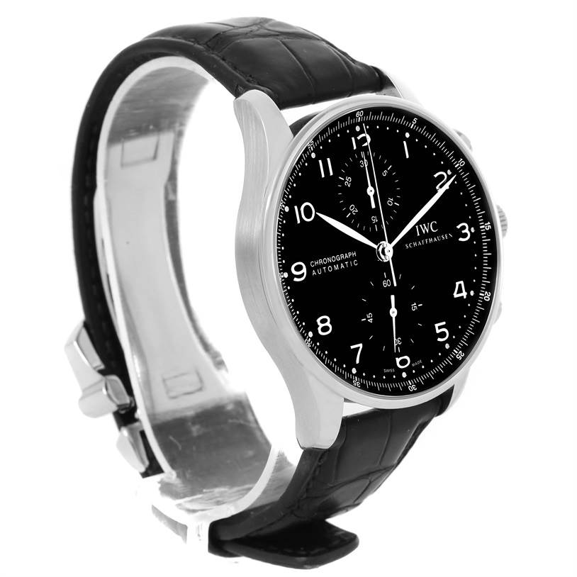 The image shows an oblique front-left view of the IWC Portuguese IW371447 Men's Stainless Steel Black Dial IW371447 Men's Stainless Steel Black Dial model watch, highlighting the black dial, case, and leather strap.