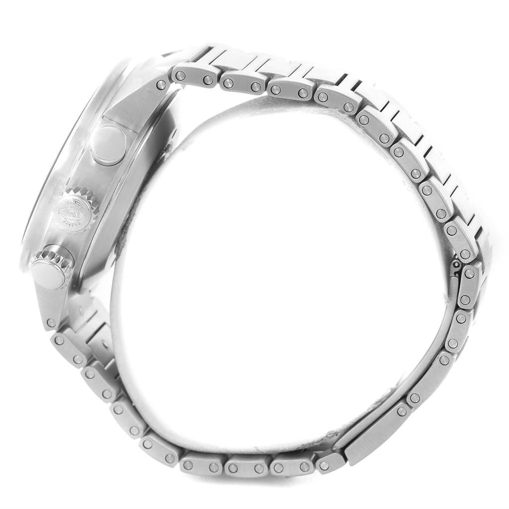 The image shows a side view of the IWC Aquatimer IW371928 Men's Stainless Steel Black Dial IW371928 Men's Stainless Steel Black Dial watch, highlighting the crown, pushers, and metal bracelet.