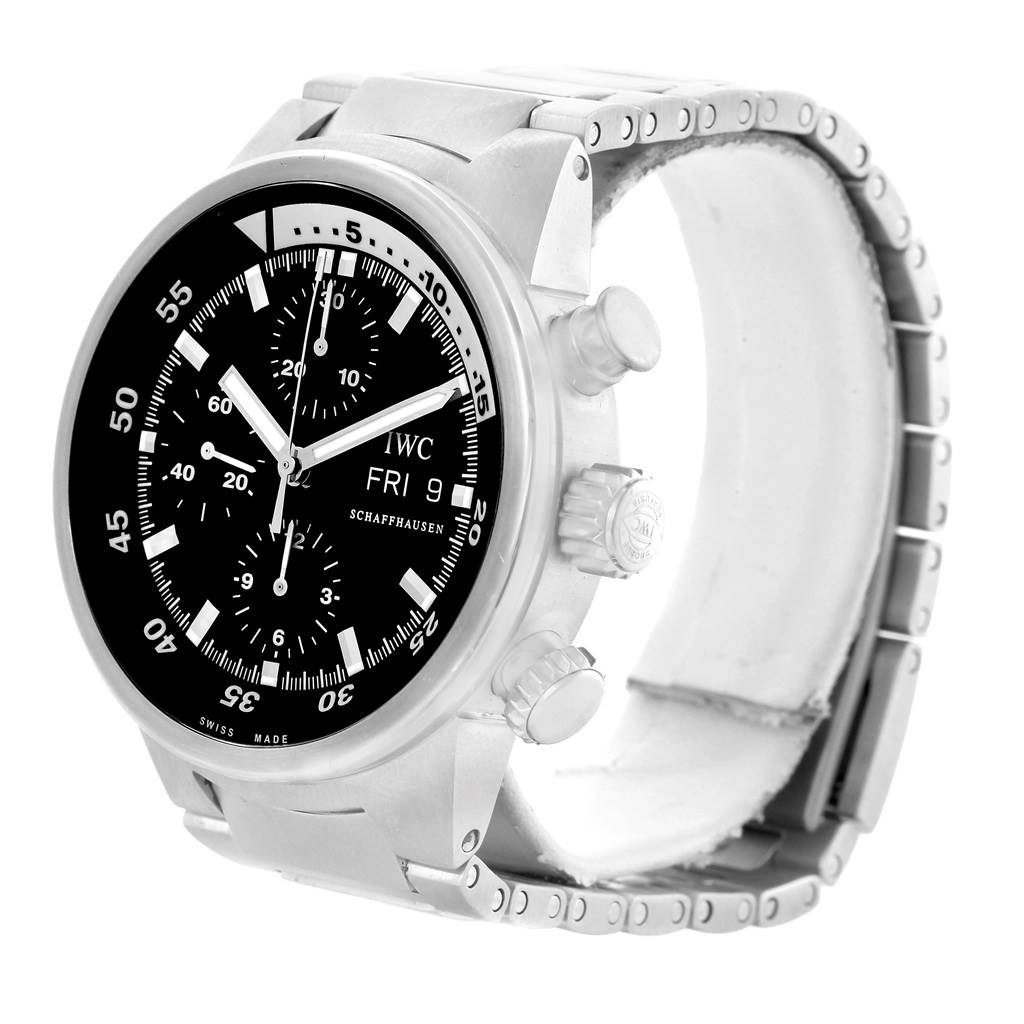 The IWC Aquatimer IW371928 Men's Stainless Steel Black Dial IW371928 Men's Stainless Steel Black Dial watch is shown at a front angle, displaying the face, bezel, crown, and chronograph pushers.