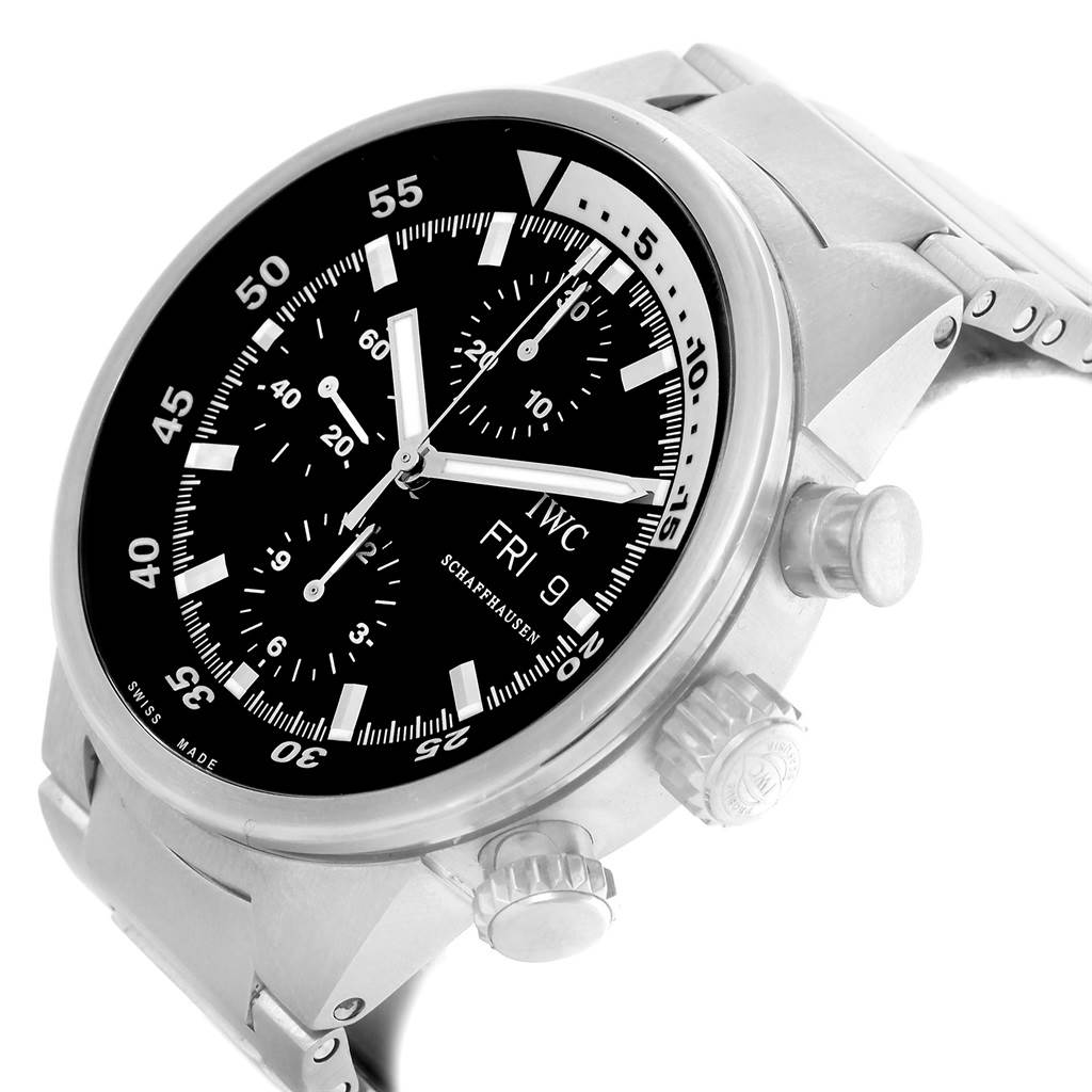 This image shows a side angle of the IWC Aquatimer IW371928 Men's Stainless Steel Black Dial IW371928 Men's Stainless Steel Black Dial watch highlighting its face, crown, and pushers.