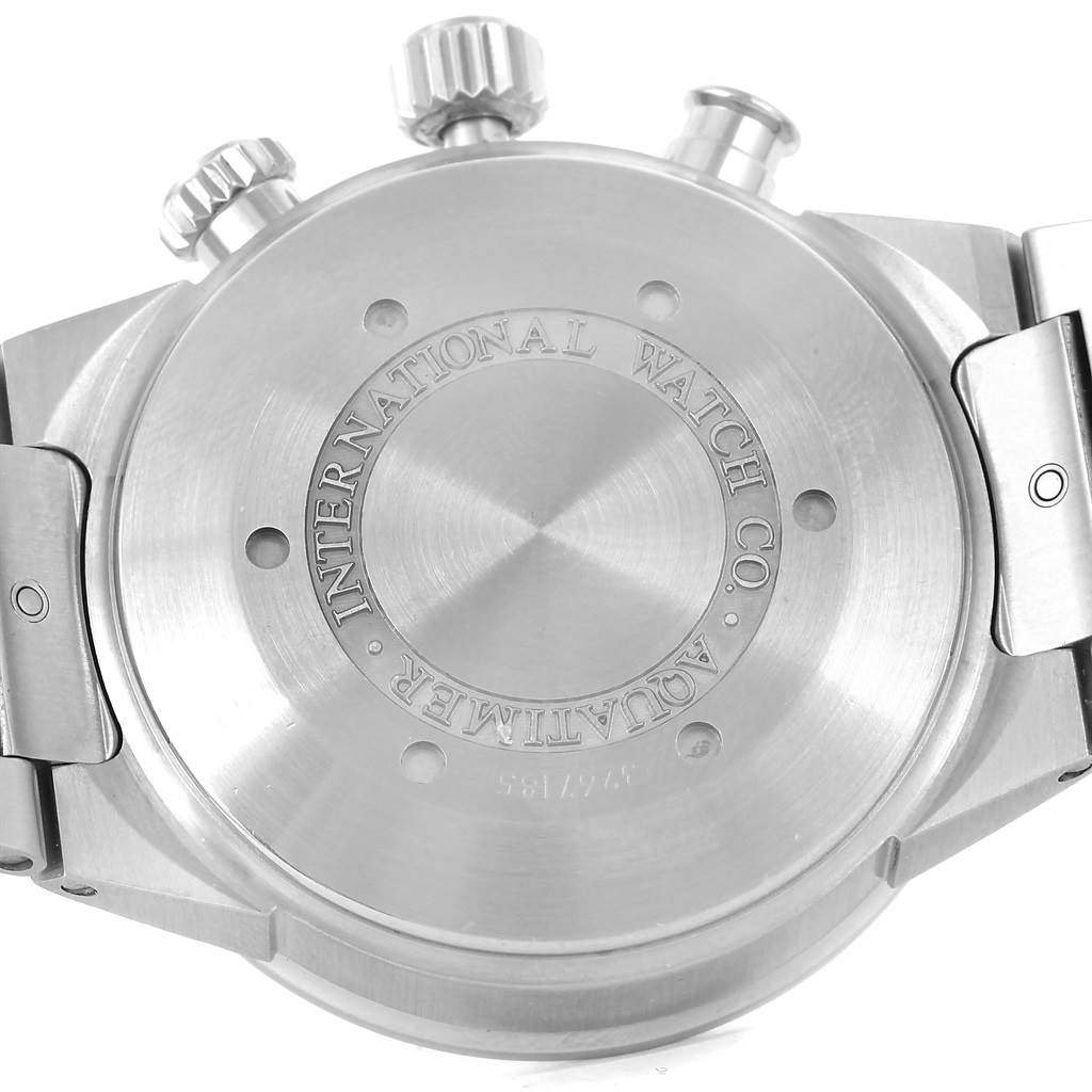 The image shows the stainless steel case back and crown of the IWC Aquatimer IW371928 Men's Stainless Steel Black Dial IW371928 Men's Stainless Steel Black Dial watch from a rear angle.