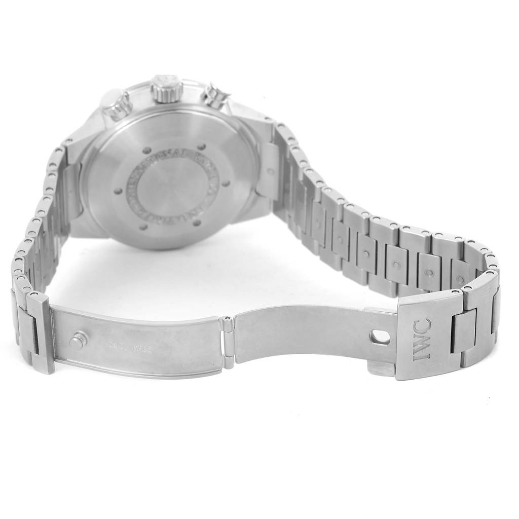 The image shows the backside and bracelet of an IWC Aquatimer IW371928 Men's Stainless Steel Black Dial IW371928 Men's Stainless Steel Black Dial watch, with the clasp partially opened.