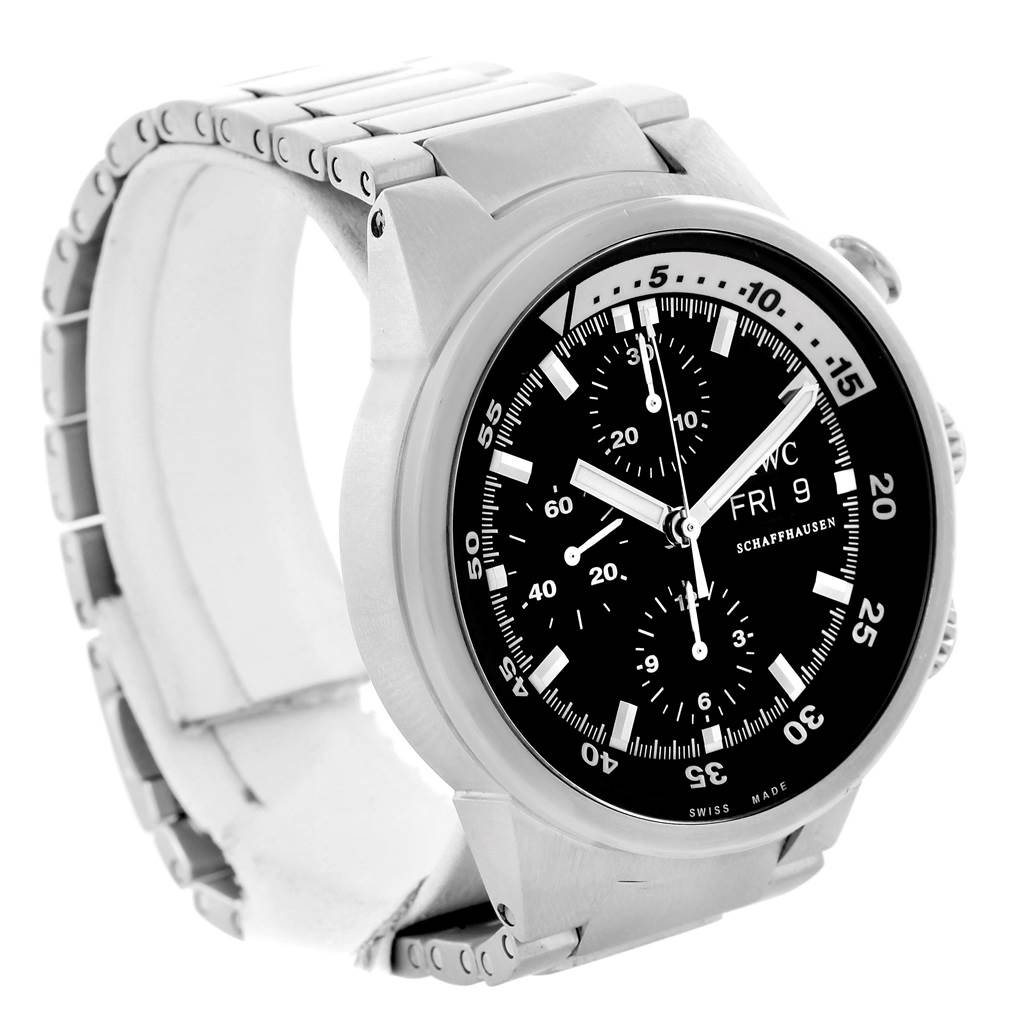 The image shows a front-left angle of the IWC Aquatimer IW371928 Men's Stainless Steel Black Dial IW371928 Men's Stainless Steel Black Dial watch, highlighting its dial, bezel, case, and part of the bracelet.